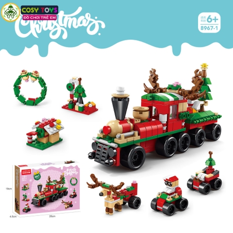 Đồ chơi lắp ghép xếp hình đoàn tàu giáng sinh kèm xe chở quà, tuần lộc, nhà tuyết nhỏ với 270 chi tiết