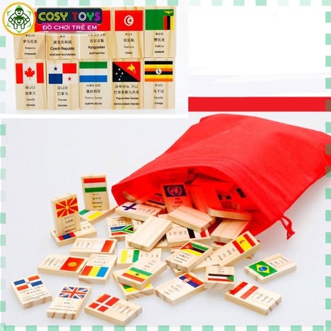 Bộ 100 quân cờ Domino lá cờ các quốc gia, xếp hình nhận biết Quốc kì các nước làm bằng gỗ tự nhiên cao cấp