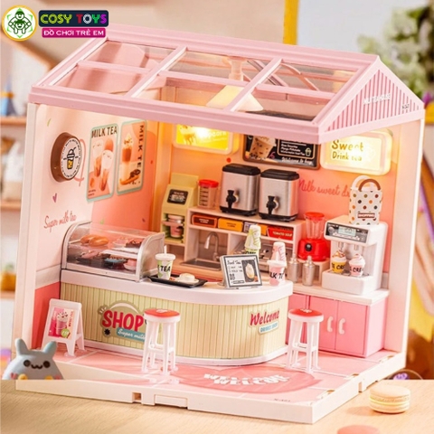 Đồ chơi lắp ghép tiệm trà sữa cao cấp với 138 chi tiết lắp gép đầy đủ vật dụng pha chế, quầy hàng đồ dùng cho bé