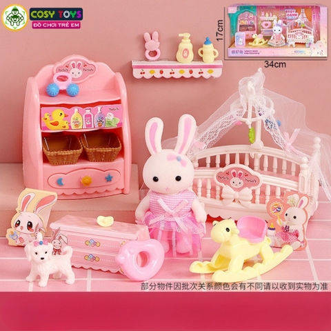 Đồ chơi búp bê mô hình ngôi nhà thỏ hồng cho bé