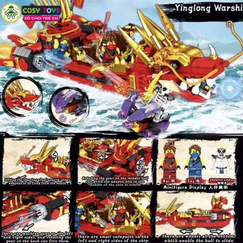 Đồ chơi lắp ghép xếp hình lắp mô hình thuyền ninja đầu rồng cùng các nhân vật với 802 chi tiết