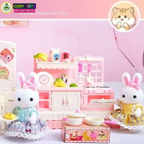 Đồ chơi búp bê thỏ mô hình gian bếp cùng các phụ kiện nhà bếp cho bé