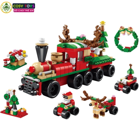 Đồ chơi lắp ghép xếp hình đoàn tàu giáng sinh kèm xe chở quà, tuần lộc, nhà tuyết nhỏ với 270 chi tiết
