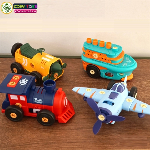 Đồ chơi mô hình 4 trong 1 gồm xe ô tô, tàu hỏa, xe máy bay, xe máy cày có thể tháo lắp được cho bé