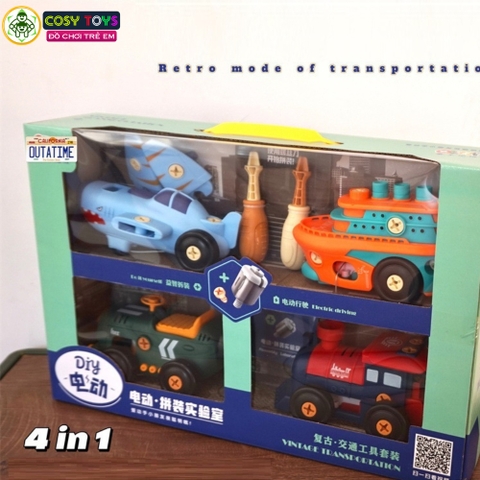 Đồ chơi mô hình 4 trong 1 gồm xe ô tô, tàu hỏa, xe máy bay, xe máy cày có thể tháo lắp được cho bé