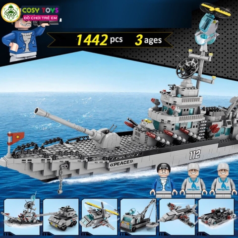 Đồ chơi lắp ghép xếp hình tàu chiến đấu cao cấp cỡ lớn 6 trong 1 kèm trực thăng, tàu nhỏ và các nhân vật thủy thủ với 1442 mảnh ghép