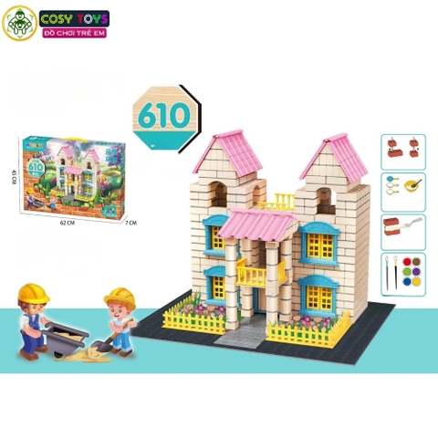Đồ chơi xây nhà biệt thự mini bằng gạch và sơn màu với 160 chi tiết cho bé