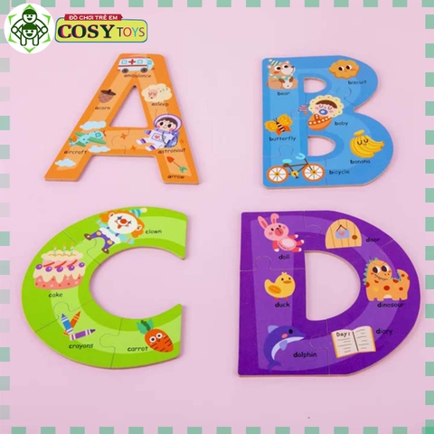 Đồ chơi thông minh ghép gỗ chữ cái alphabe với các loại động vật cho bé
