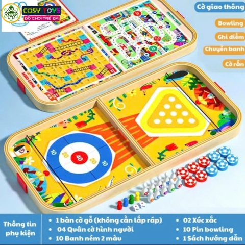 Bộ bàn cờ 5 trong 1 bằng gỗ gồm bàn bóng búng dây su, boling, banh ném và 4 quân cờ người cho bé