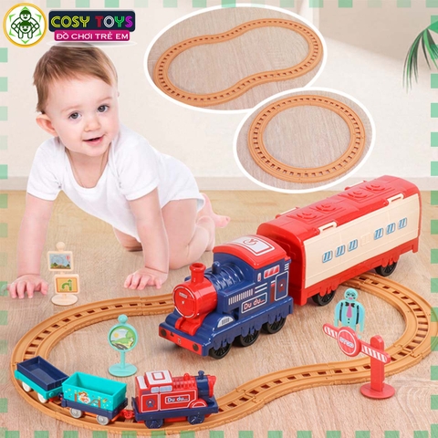Đồ chơi lắp ghép đoàn tàu xe lửa chạy trên đường ray gồm 3 toa tàu nhỏ chạy pin và 1 đầu tàu lớn cho bé
