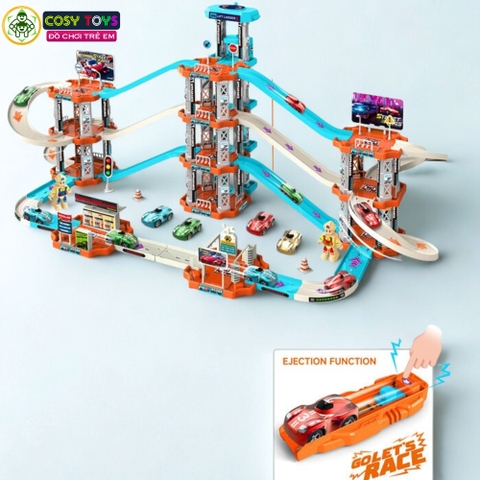 Đồ chơi gara ô tô gồm trạm đỗ xăng, ngã ba chuyển xe với 3 tầng kèm 4 xe ô tô với 138 chi tiết cho bé