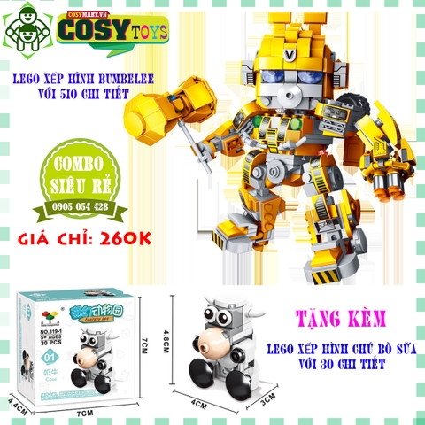 Combo đồ chơi lắp ghép xếp hình robot Transformer: Optimuus Prime, Buumbelee tặng đồ chơi lắp ghépchú bò sữa