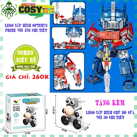 Combo đồ chơi lắp ghép xếp hình robot Transformer: Optimuus Prime, Buumbelee tặng đồ chơi lắp ghépchú bò sữa