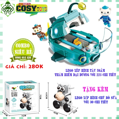 Combo đồ chơi lắp ghép xếp hình tàu ngầm thám hiểm đại dương được tặng lắp ghép chú bò sữa