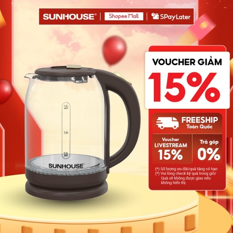 Ấm siêu tốc thủy tinh 1.8L Sunhouse SHD1212 - 1500W - Thang đo mực nước tiện lợi - Tự ngắt khi quá nhiệt - HAPOS HEL SHD1212