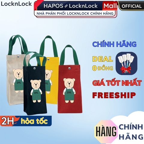 Túi vải canvas 2 lớp đựng bình ly giữ nhiệt LocknLock hình Gấu, khóa cài nam châm, lót chống thấm nước HPCV04 - HAPOS Gấu Đỏ/ Vàng