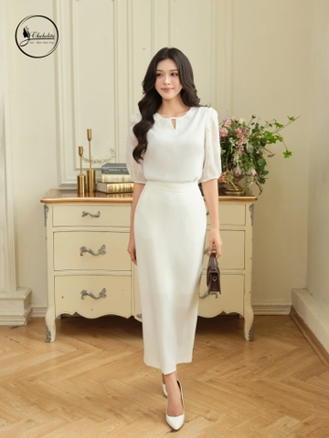 Áo sơ mi tay ren cổ tròn màu trắng