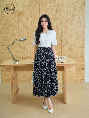 Chân váy xòe xếp ly họa tiết
