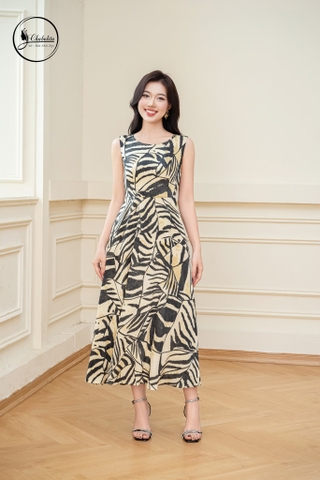 Đầm xòe sát nách họa tiết vàng