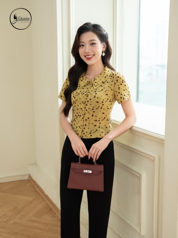 Áo sơ tay lỡ họa tiết chấm bi màu vàng
