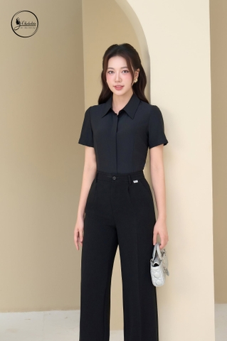 Áo sơ mi cổ đức tay cộc màu đen