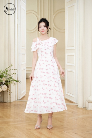 Đầm sát nách cổ tròn phối bèo hoa hồng