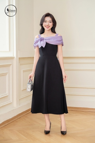 Đầm xòe trễ vai phối màu tím