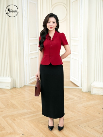 Áo cổ leo màu đỏ đính hoa