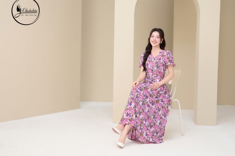 Sét bộ hoa sơ mi crotop phối chân váy màu tím