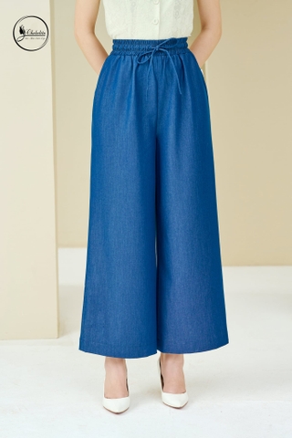 Quần bò suông cạp chun màu xanh