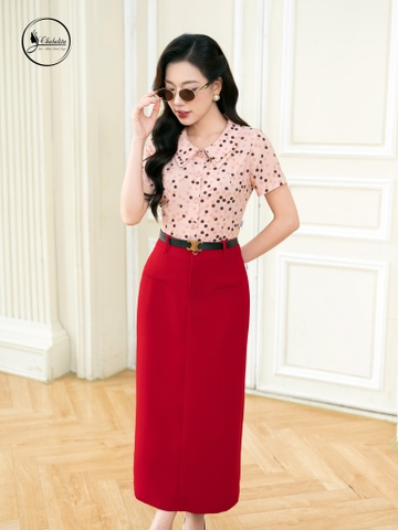 Áo sơ tay lỡ họa tiết chấm bi màu hồng