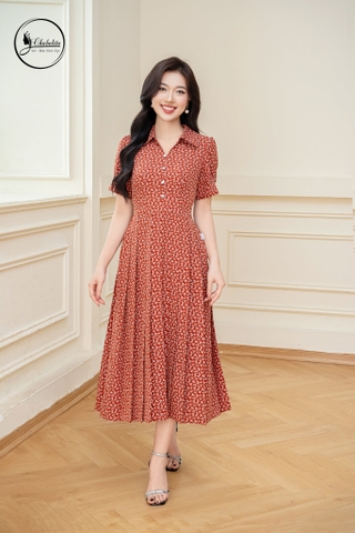 Đầm hoa cổ bẻ màu cam