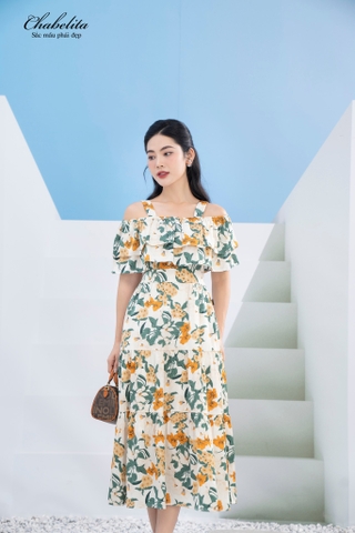 Đầm hở vai hoa xanh