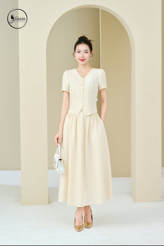 Sét bộ áo tay cộc cổ tim phối chân váy màu be