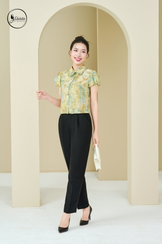 Áo sơ mi cổ đức phối bèo hoa xanh cốm