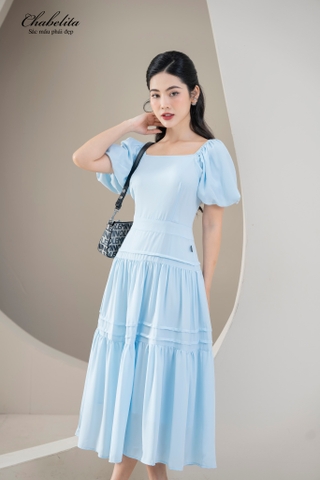 Đầm cổ vuông bèo tầng màu xanh