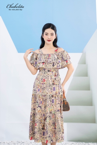 Đầm hở vai hoạ tiết