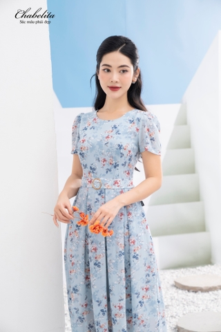 Đầm đai eo màu xanh