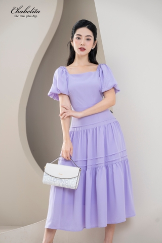 Đầm cổ vuông bèo tầng màu tím