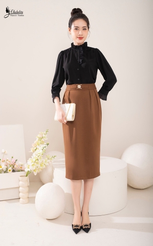 Chân váy dáng dài đai eo màu nâu