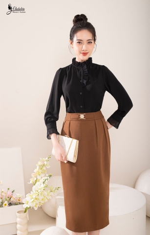 Chân váy dáng dài đai eo màu nâu