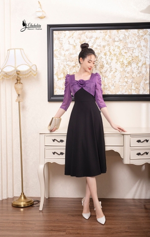 Đầm phối tay ngực hoa màu tím