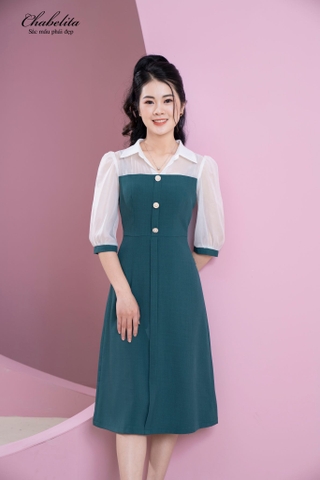 Váy phối tay ngực màu xanh