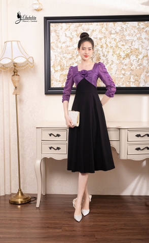 Đầm phối tay ngực hoa màu tím