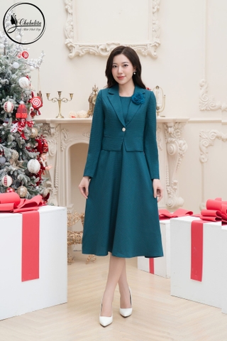 Sét bộ váy kèm áo vest màu xanh ngọc