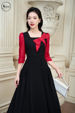 Đầm phối nơ màu đỏ