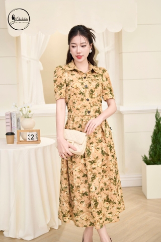 Sét bộ áo hoa kèm chân váy màu nâu