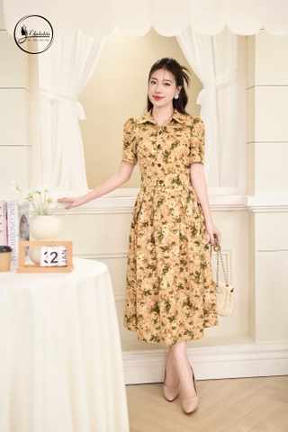 Sét bộ áo hoa kèm chân váy màu nâu