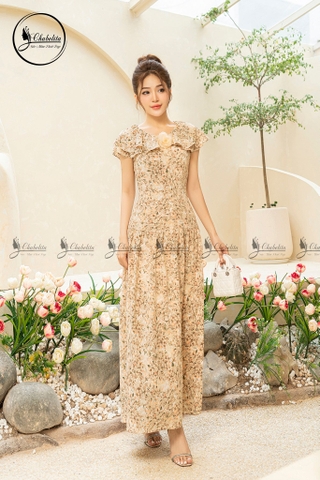 Đầm hoa sát nách đính hoa ngực màu nâu