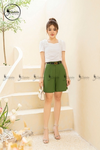 Quần short cạp cao màu xanh